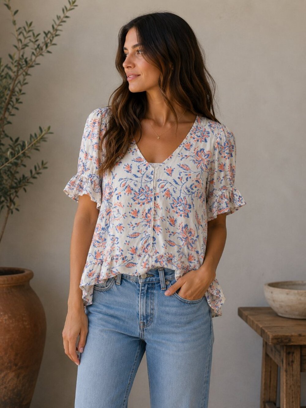 Lucky Brand Floral Ruffle Sleeve Blouse